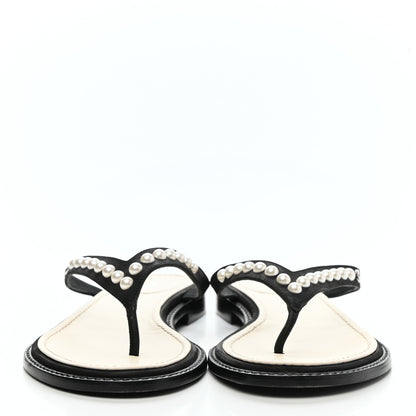 Chanel Suede Pearl Thong Sandals 39 Black 2 of 10
