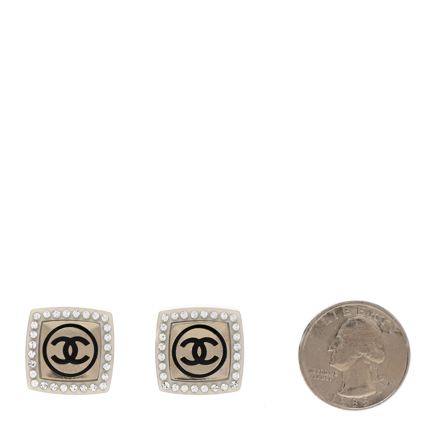 Chanel Metal Resin Crystal CC Square Earrings Gold White Black 2 of 5