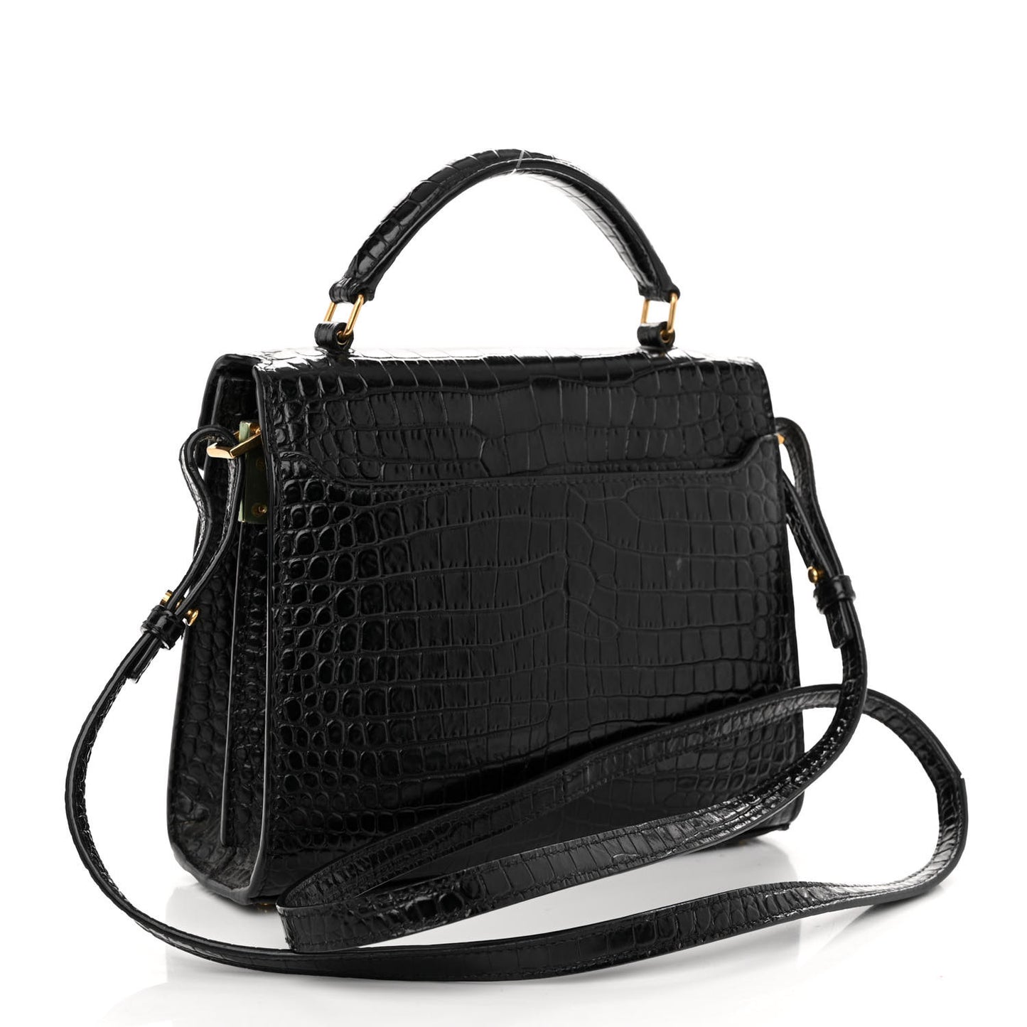 Calfskin Crocodile Embossed Mini Classic Monogram Cassandra Top Handle Black