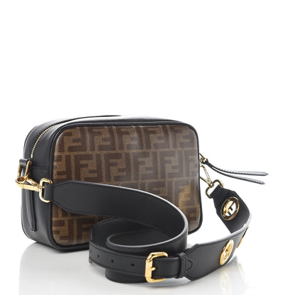 Fendi Glazed Fabric Vitello Century F is Fendi FF 1974 Stamp Patch Camera Case Mogano Panna Black 3 of 9