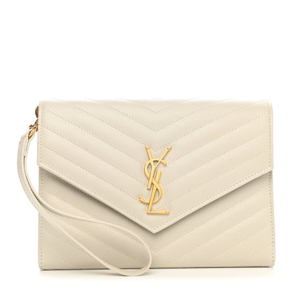Saint Laurent Grain De Poudre Matelasse Chevron Monogram Envelope Clutch Crema Soft 1 of 8
