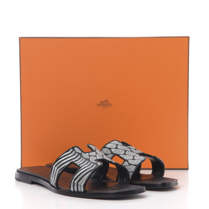 Hermes Calfskin Embroidered Oran Sandals 38.5 Black Gris Argente 8 of 8