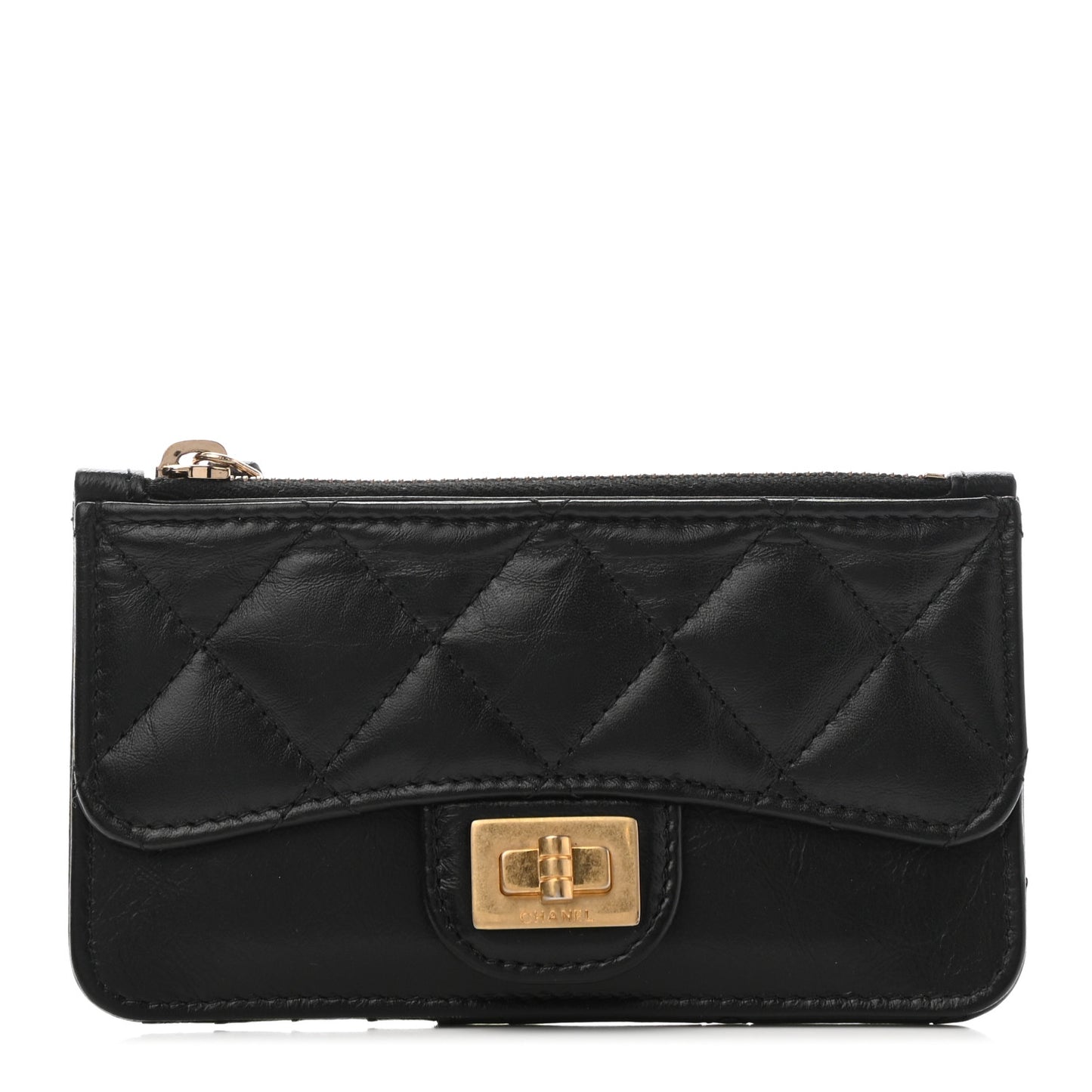 Aged Calfskin Quilted Reissue Flap Zip Card Holder Black