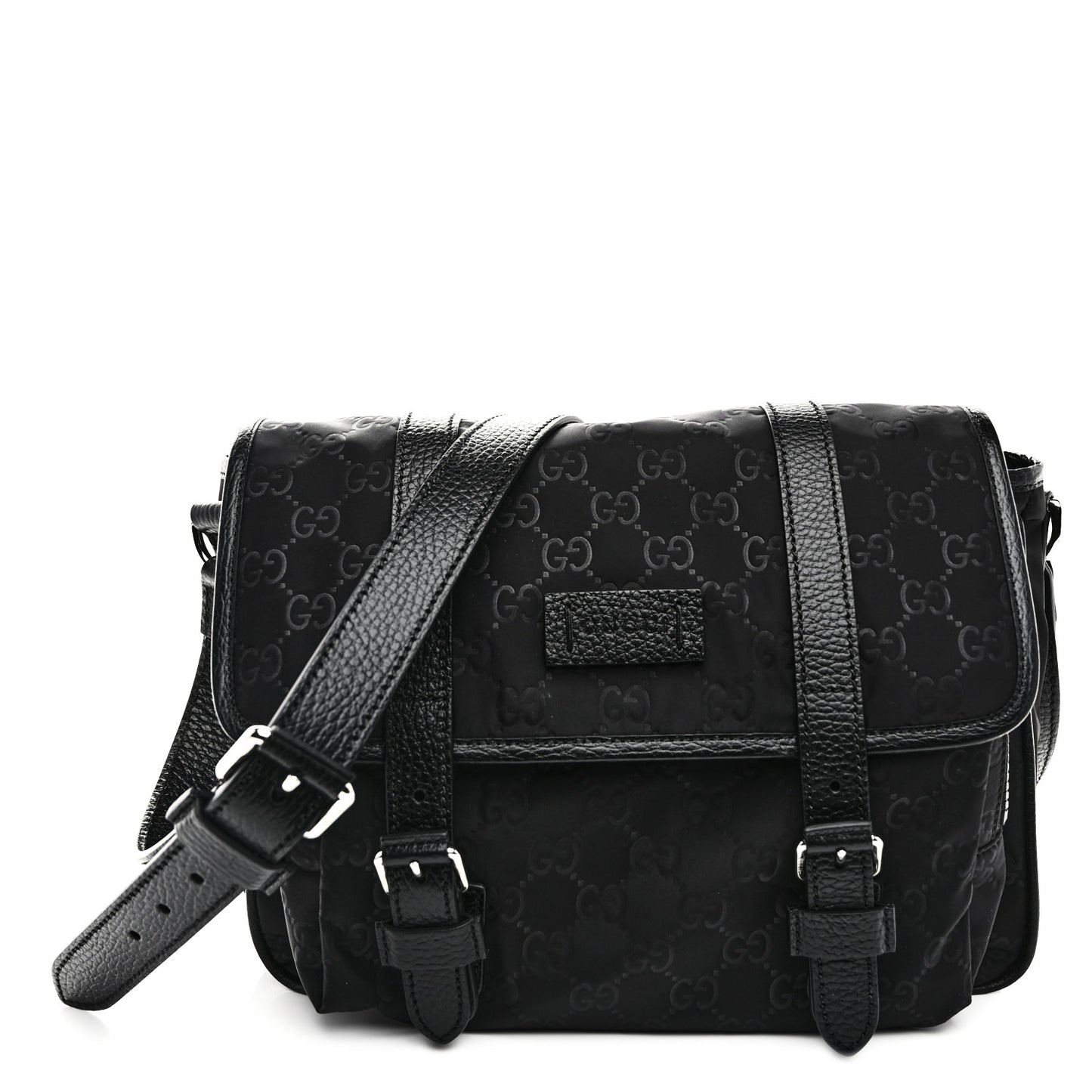 Nylon Monogram Double Buckle Flap Messenger Bag Black