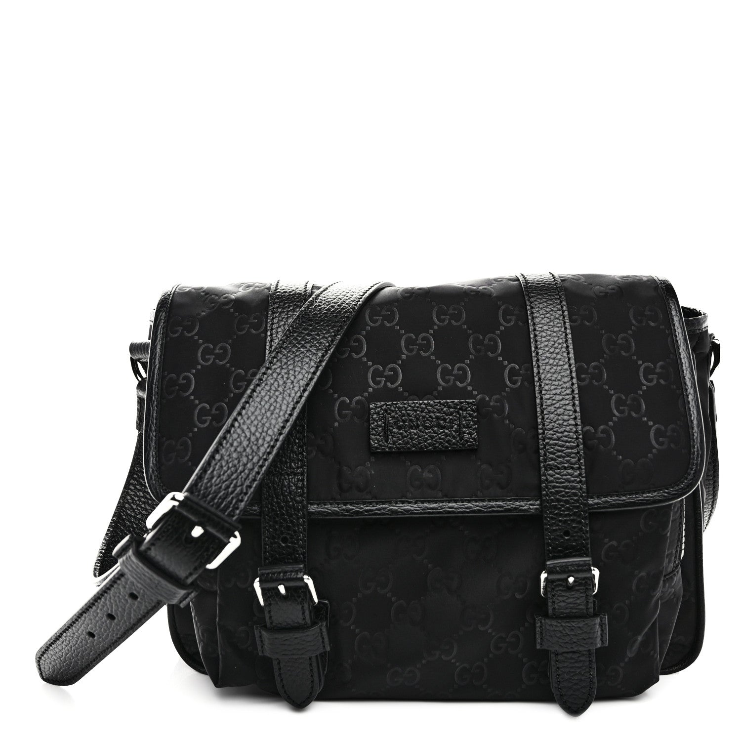 Gucci Nylon Monogram Double Buckle Flap Messenger Bag Black 1 of 10