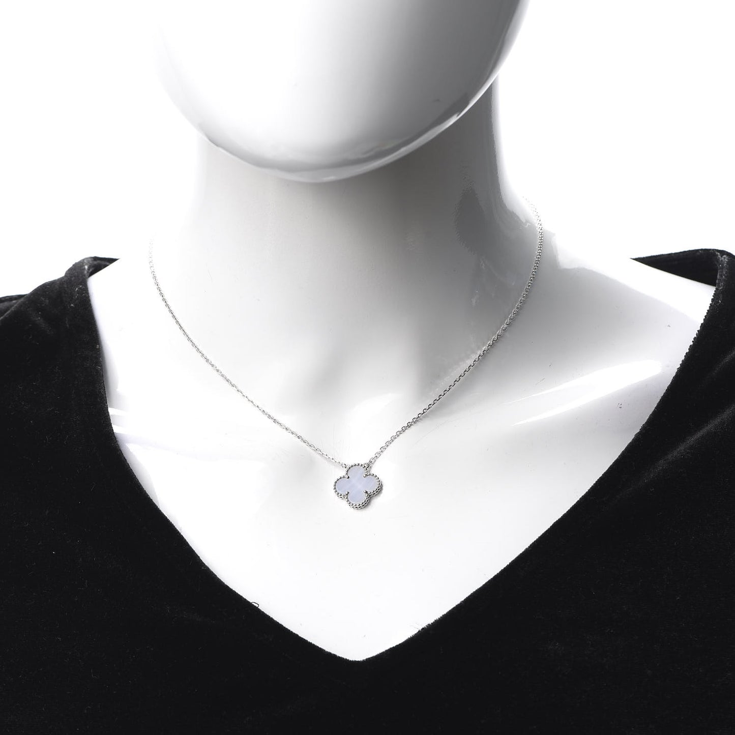 18K White Gold Chalcedony Vintage Alhambra Pendant Necklace
