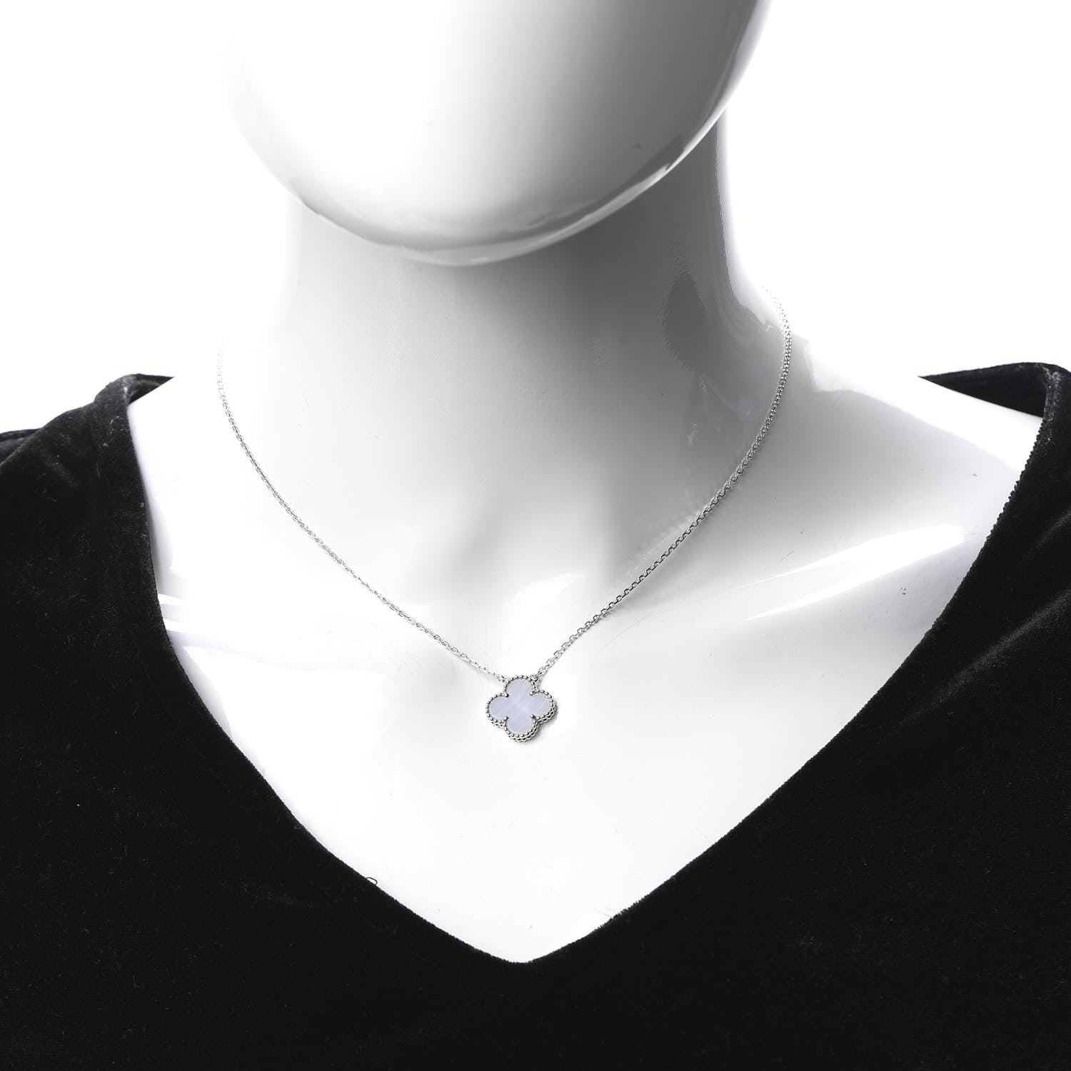 Van Cleef & Arpels 18K White Gold Chalcedony Vintage Alhambra Pendant Necklace 2 of 7