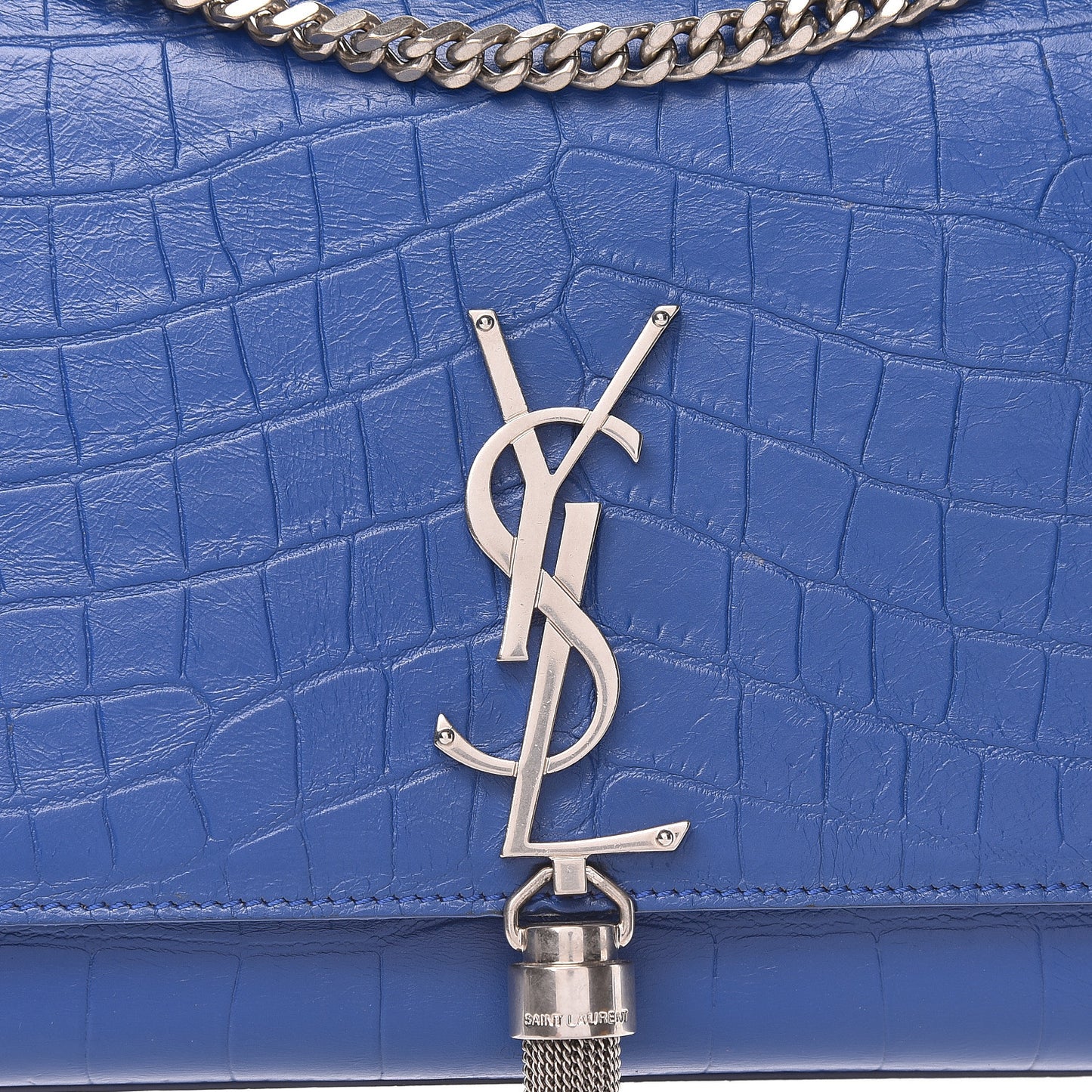 Calfskin Crocodile Embossed Medium Classic Monogram Kate Tassel Satchel Bleu Majorelle