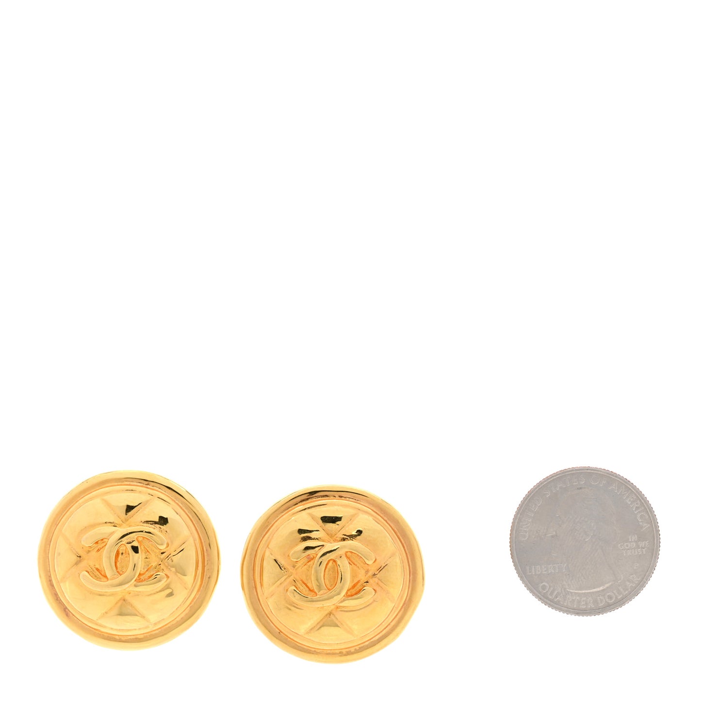 Metal Quilted CC Round Clip On Earrings Gold