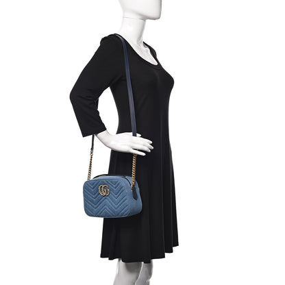 Gucci Denim Matelasse Small Pearly GG Marmont Chain Shoulder Bag Blue 2 of 12