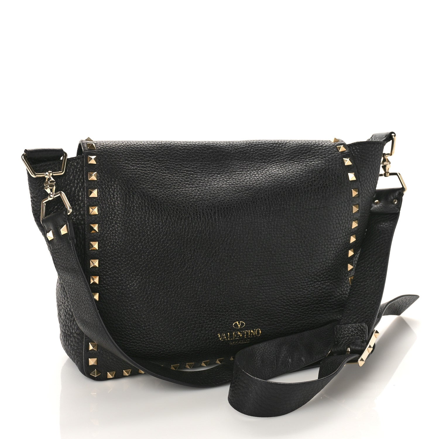 Valentino Garavani Pebbled Calfskin Rockstud Flip Lock Flap Messenger Satchel Black 2 of 9
