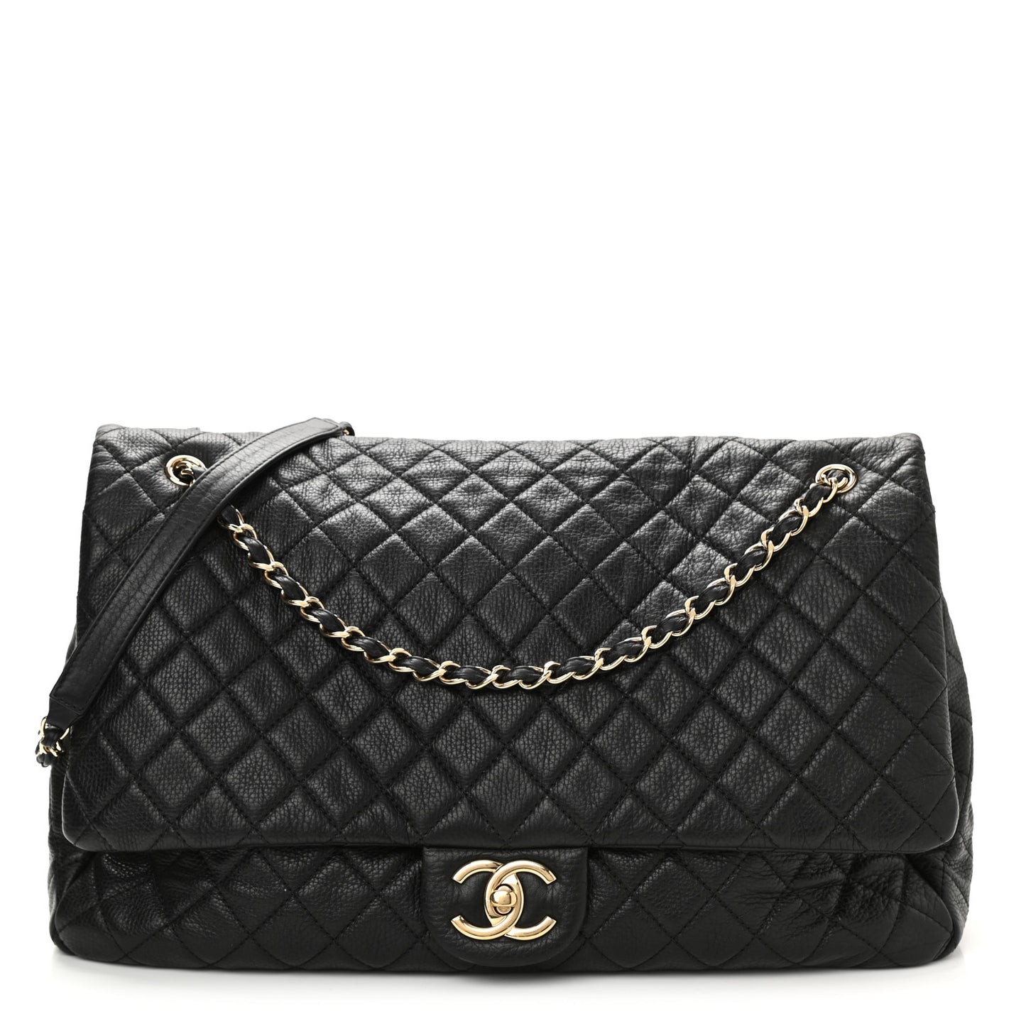 Calfskin Quilted XXL Travel Flap Bag Black