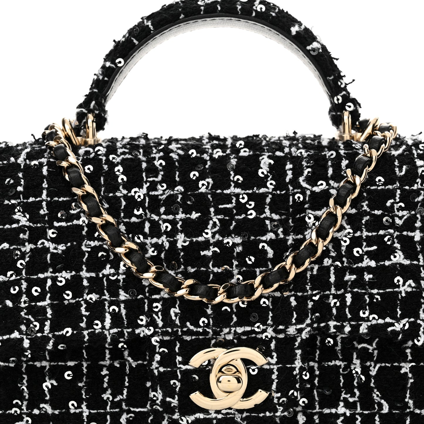 Tweed Quilted Mini Top Handle Rectangular Flap Black White
