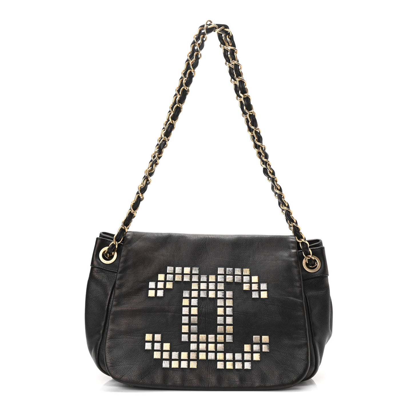 Grained Calfskin Metal Mosaic Flap Black