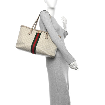 Gucci GG Supreme Monogram Textured Dollar Calfskin Web Large Ophidia Shopping Tote Beige Mystic White Oatmeal 2 of 13