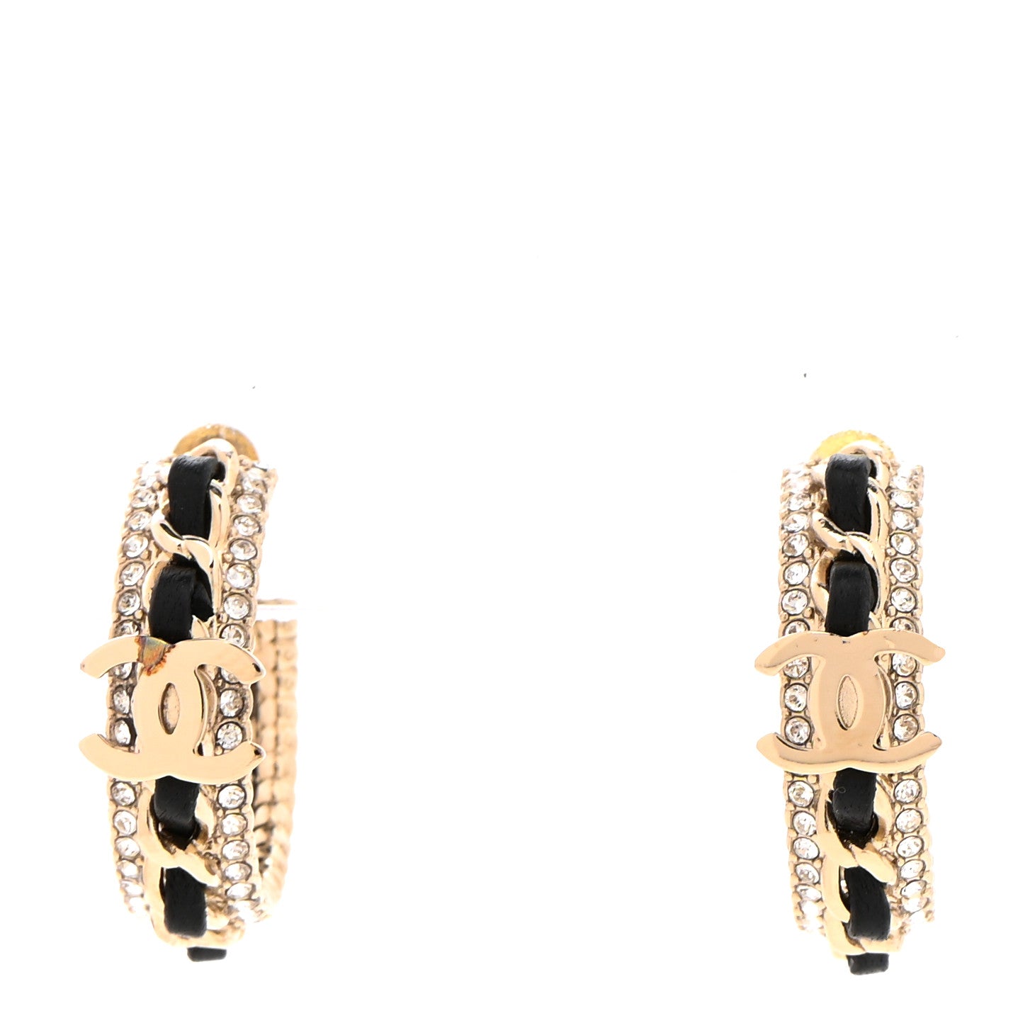 Crystal Lambskin CC Chain Hoop Earrings Gold Black