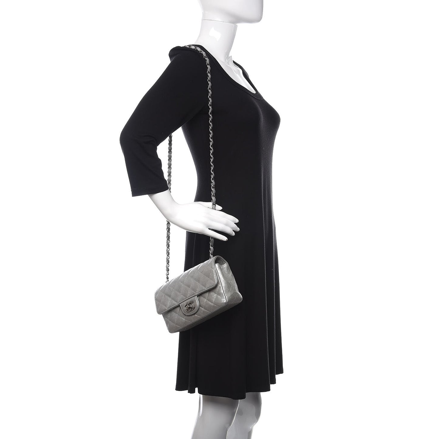 Metallic Caviar Quilted Mini Rectangular Flap Silver