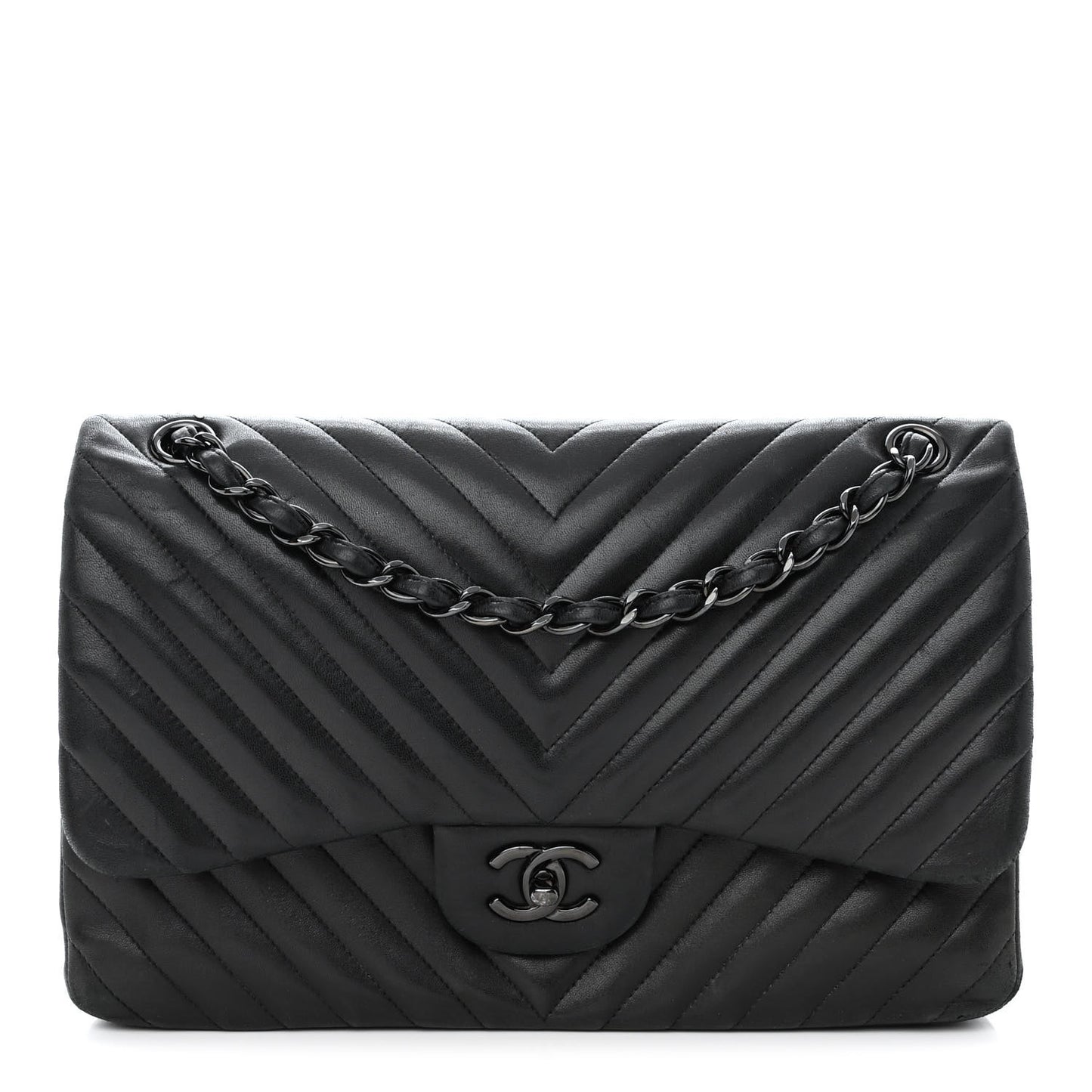 Lambskin Chevron Quilted Jumbo Double Flap So Black