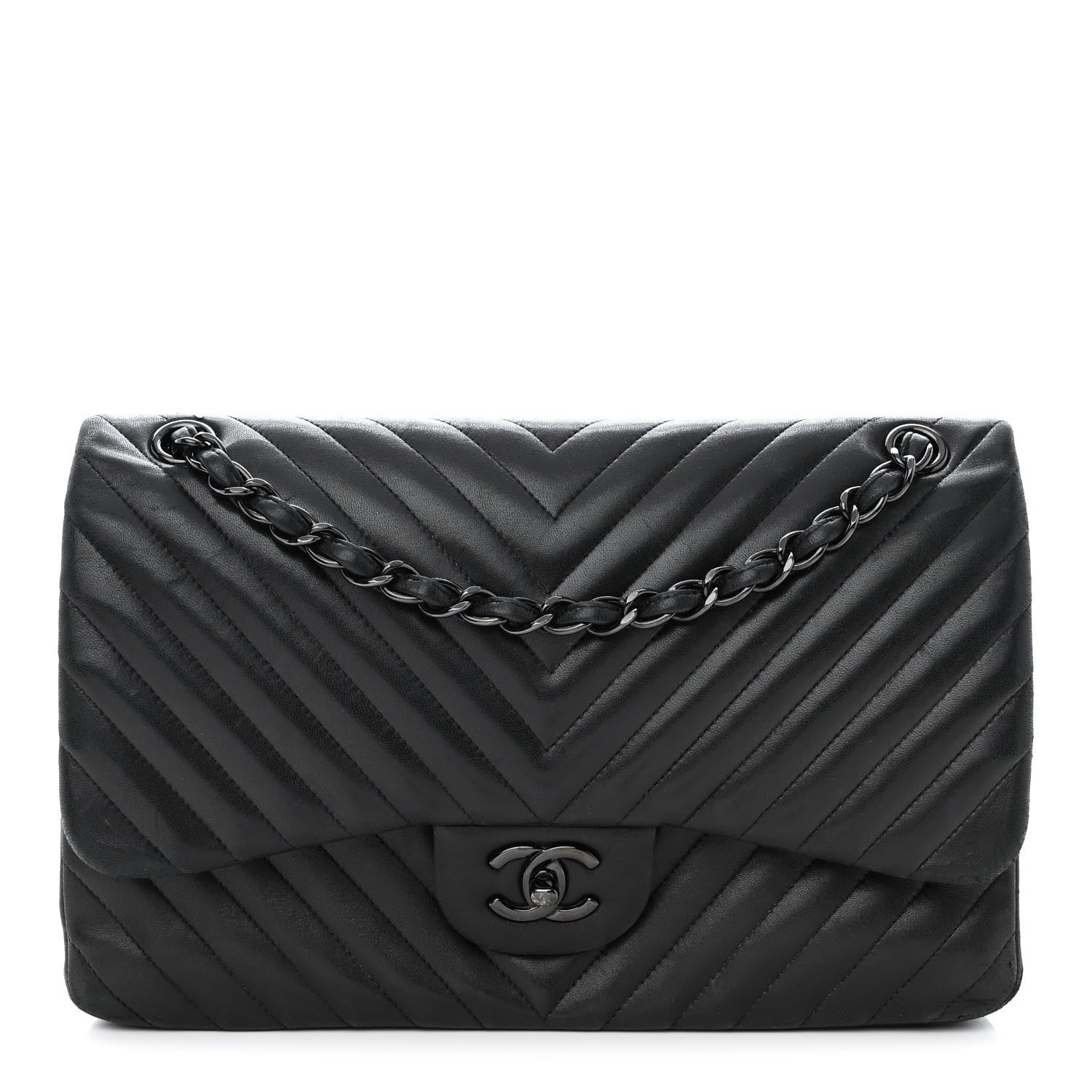 Chanel Lambskin Chevron Quilted Jumbo Double Flap So Black 1 of 13