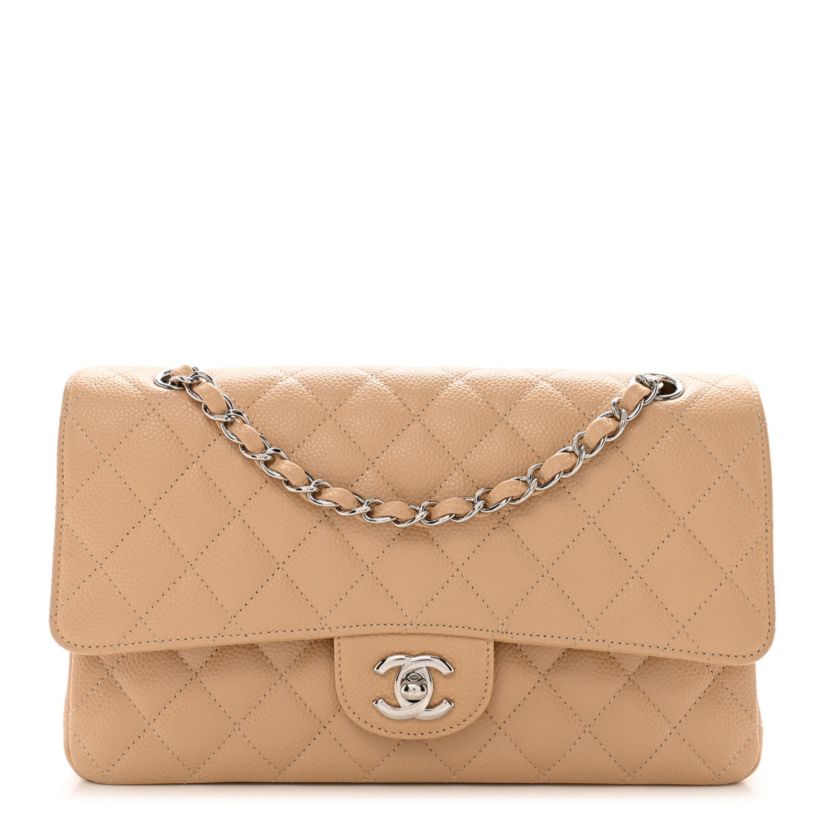 Caviar Quilted Medium Double Flap Beige