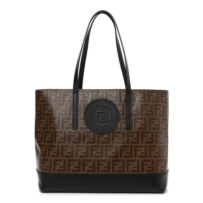 Fendi Glazed Fabric Vitello Century FF 1974 Stamp Patch Shopping Tote Mogano Panna Black 1 of 13