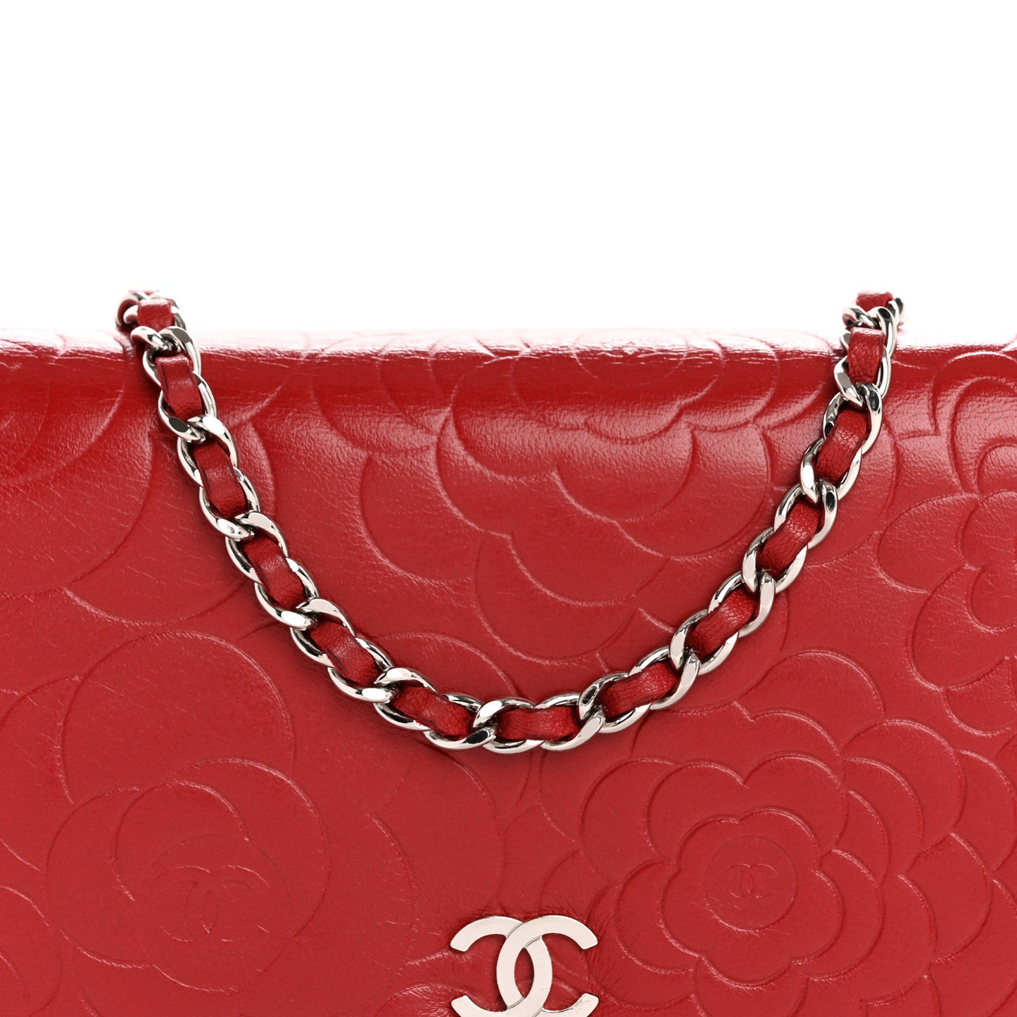 Lambskin Camellia Embossed Wallet on Chain WOC Red