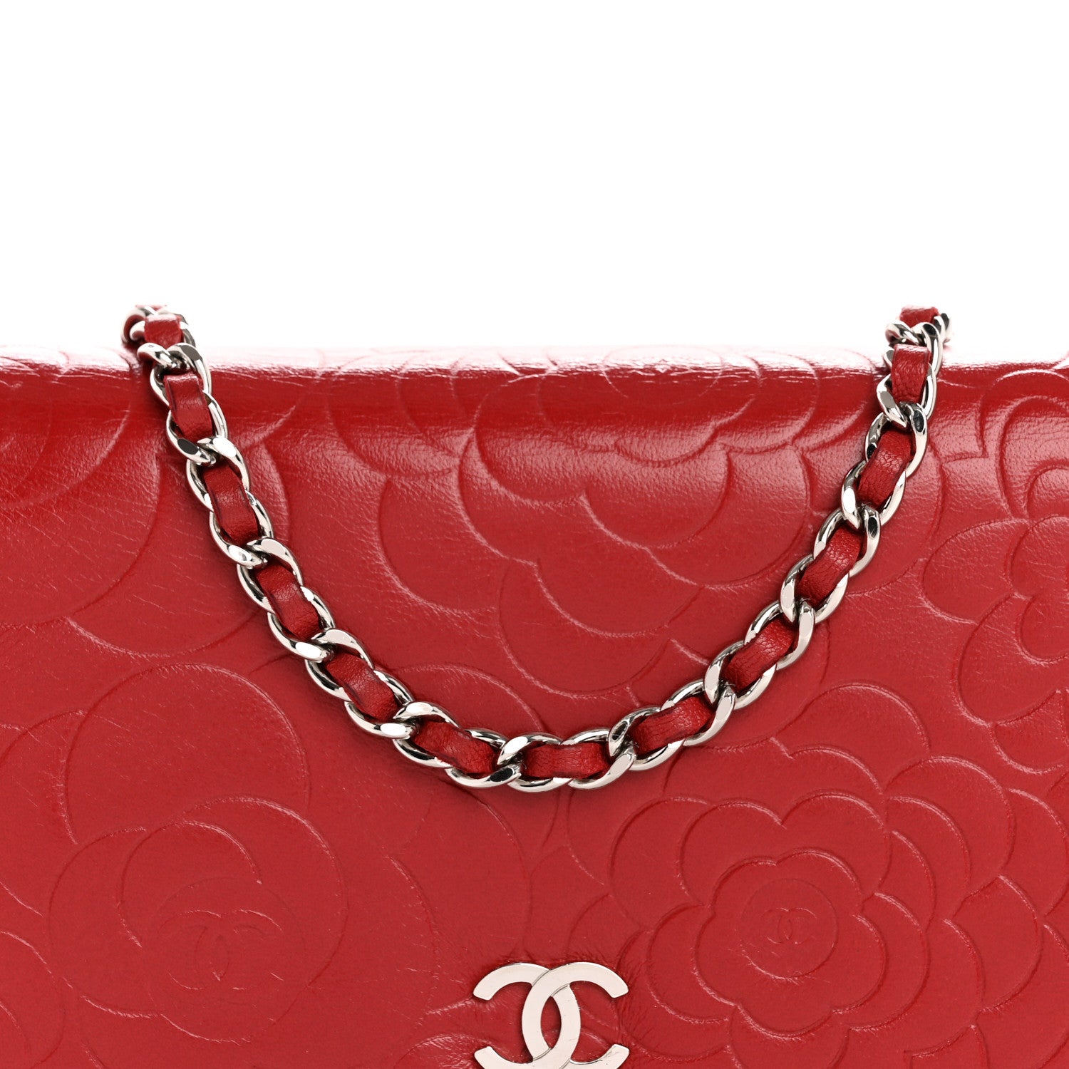 Chanel Lambskin Camellia Embossed Wallet on Chain WOC Red 8 of 14