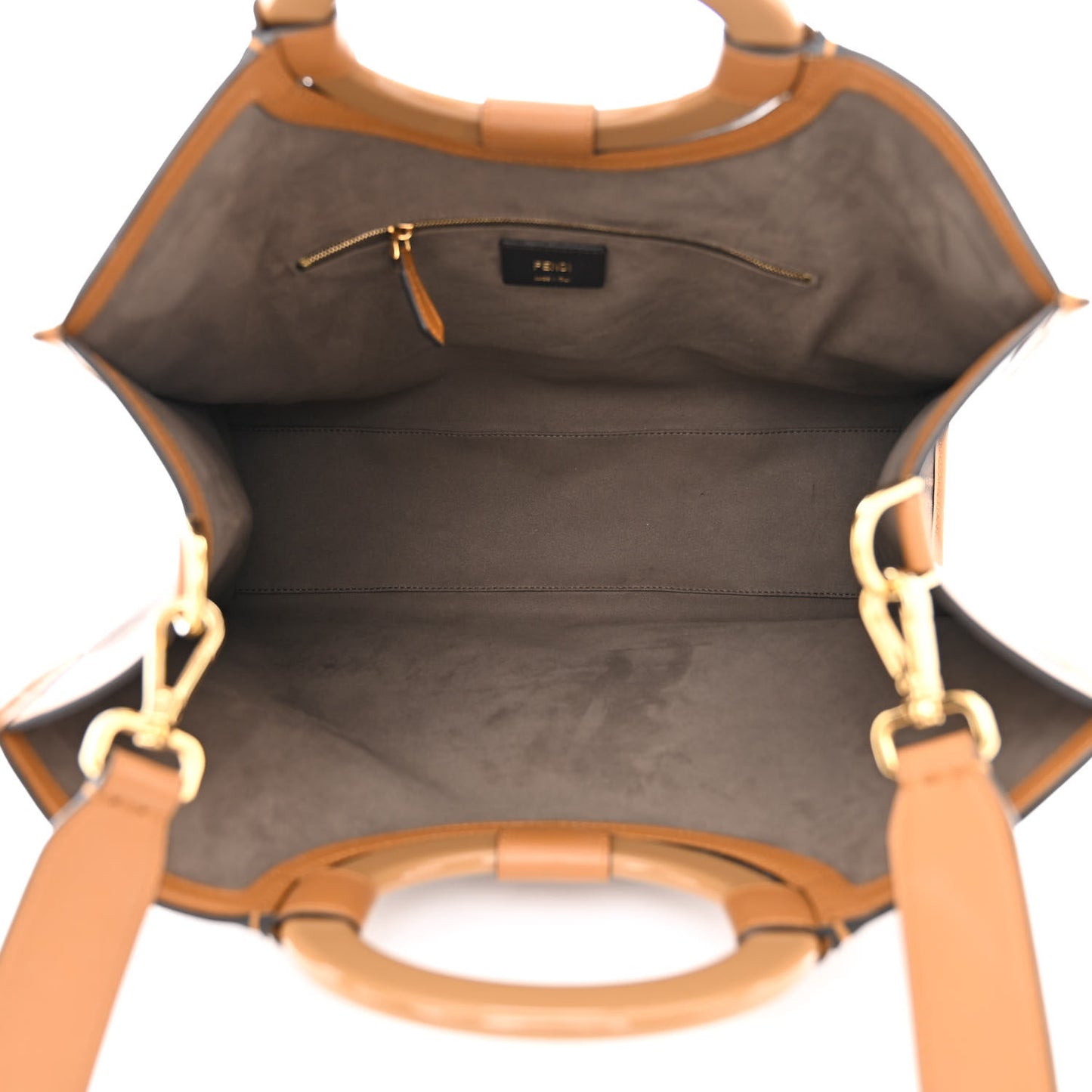Glazed Fabric Vitello Century Plexiglass FF 1974 Stamp Patch Medium Runaway Shopper Tote Mogano Panna Nocciola