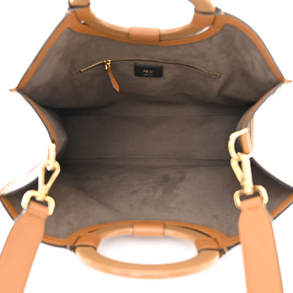 Fendi Glazed Fabric Vitello Century Plexiglass FF 1974 Stamp Patch Medium Runaway Shopper Tote Mogano Panna Nocciola 5 of 10
