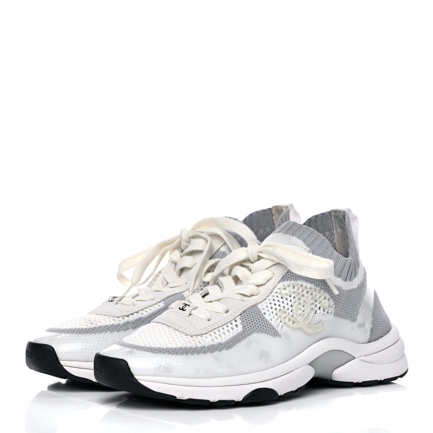 Fabric Suede Calfskin Stretch CC Sneakers 37 White Grey