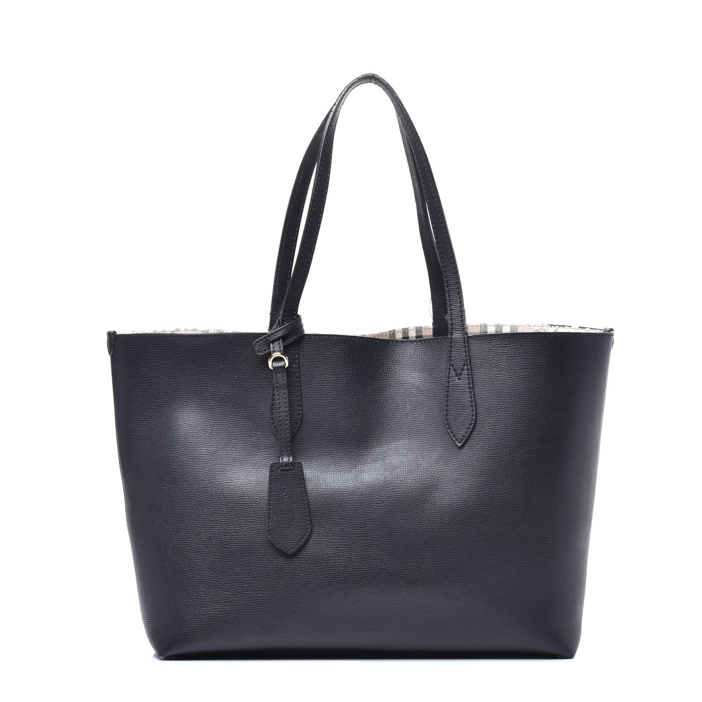 Grainy Calfskin Haymarket Check Medium Reversible Tote Black