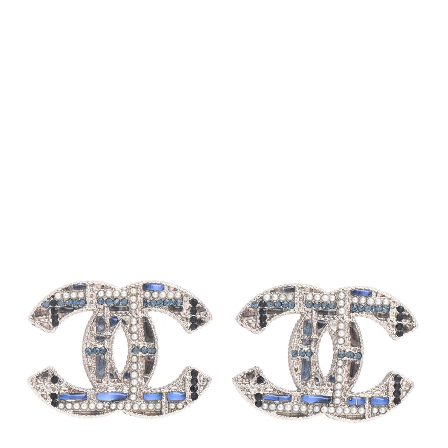 Chanel Tweed Effect CC Earrings Silver Blue Black 1 of 4