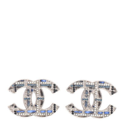Chanel Tweed Effect CC Earrings Silver Blue Black 1 of 4