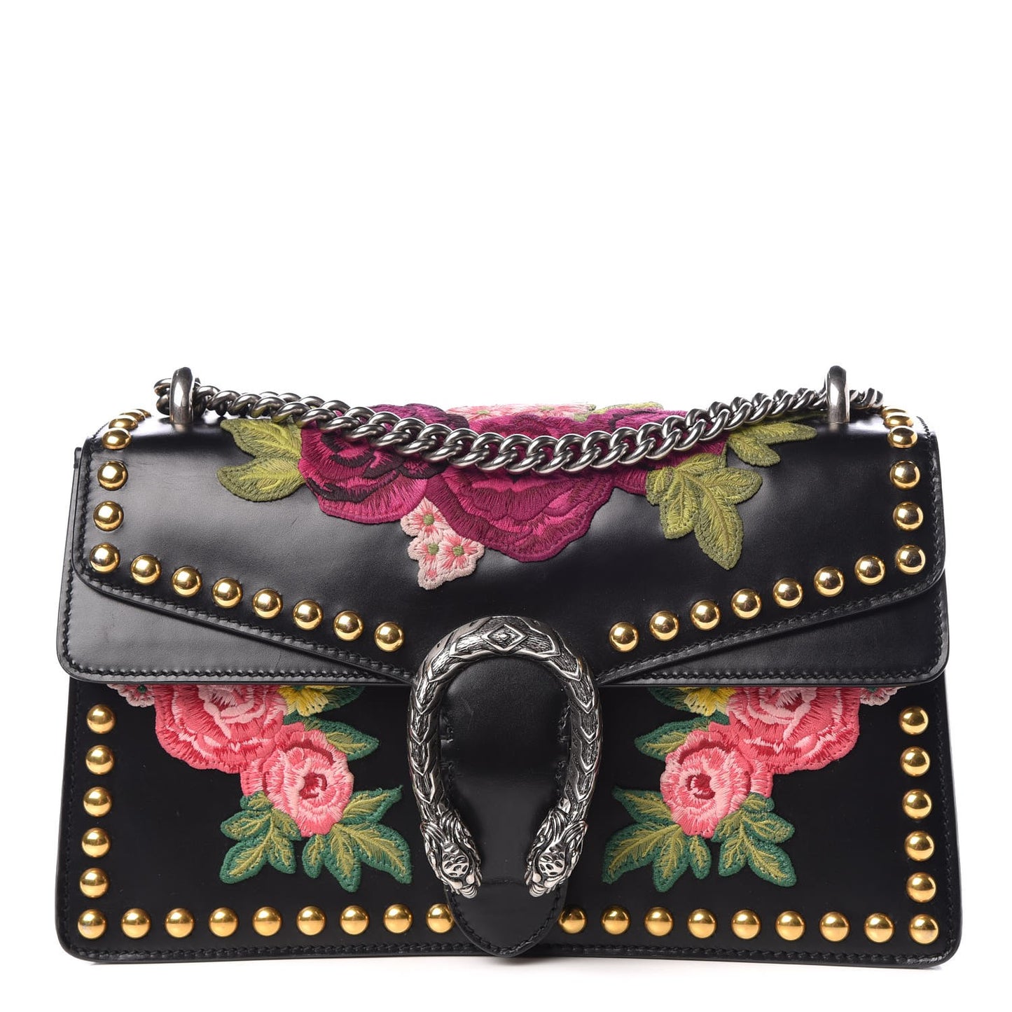 Calfskin Floral Embroidered Studded Small Dionysus Shoulder Bag Black