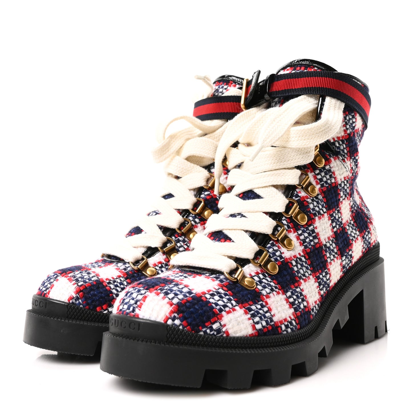 Vintage Tweed Check Lace Up Combat Ankle Boots 39 White Hibiscus Red Marine