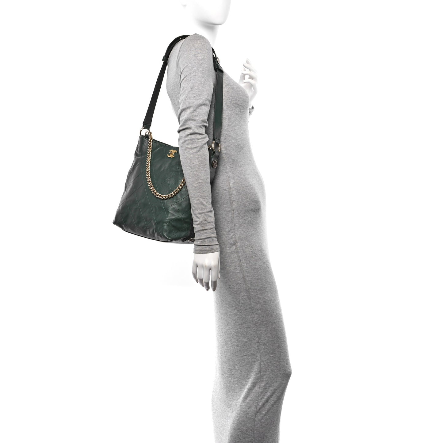 Calfskin Stitched Large Button Up Hobo Dark Green