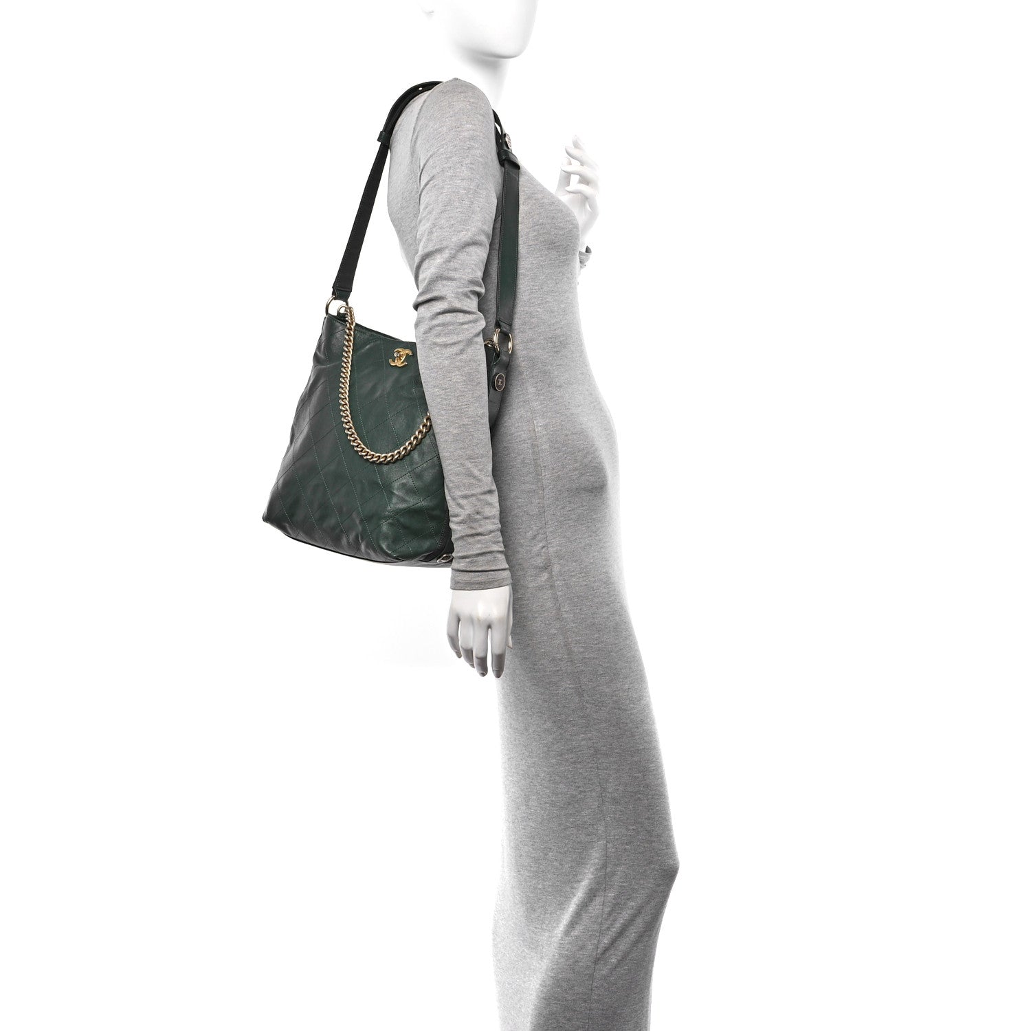 Chanel Calfskin Stitched Large Button Up Hobo Dark Green 2 of 12