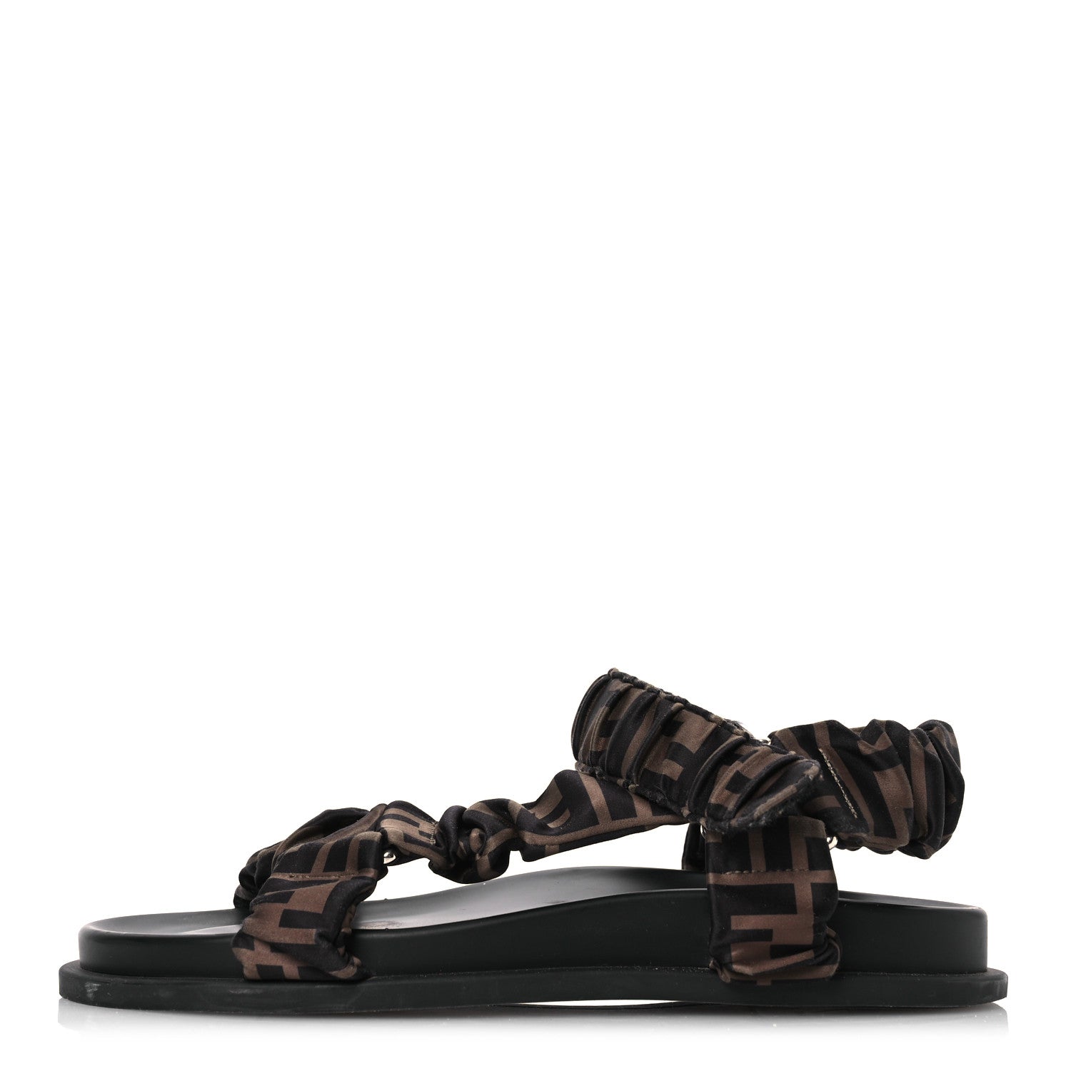 Fendi Satin FF Ruched Sandals 38 Tobacco Black 1 of 14