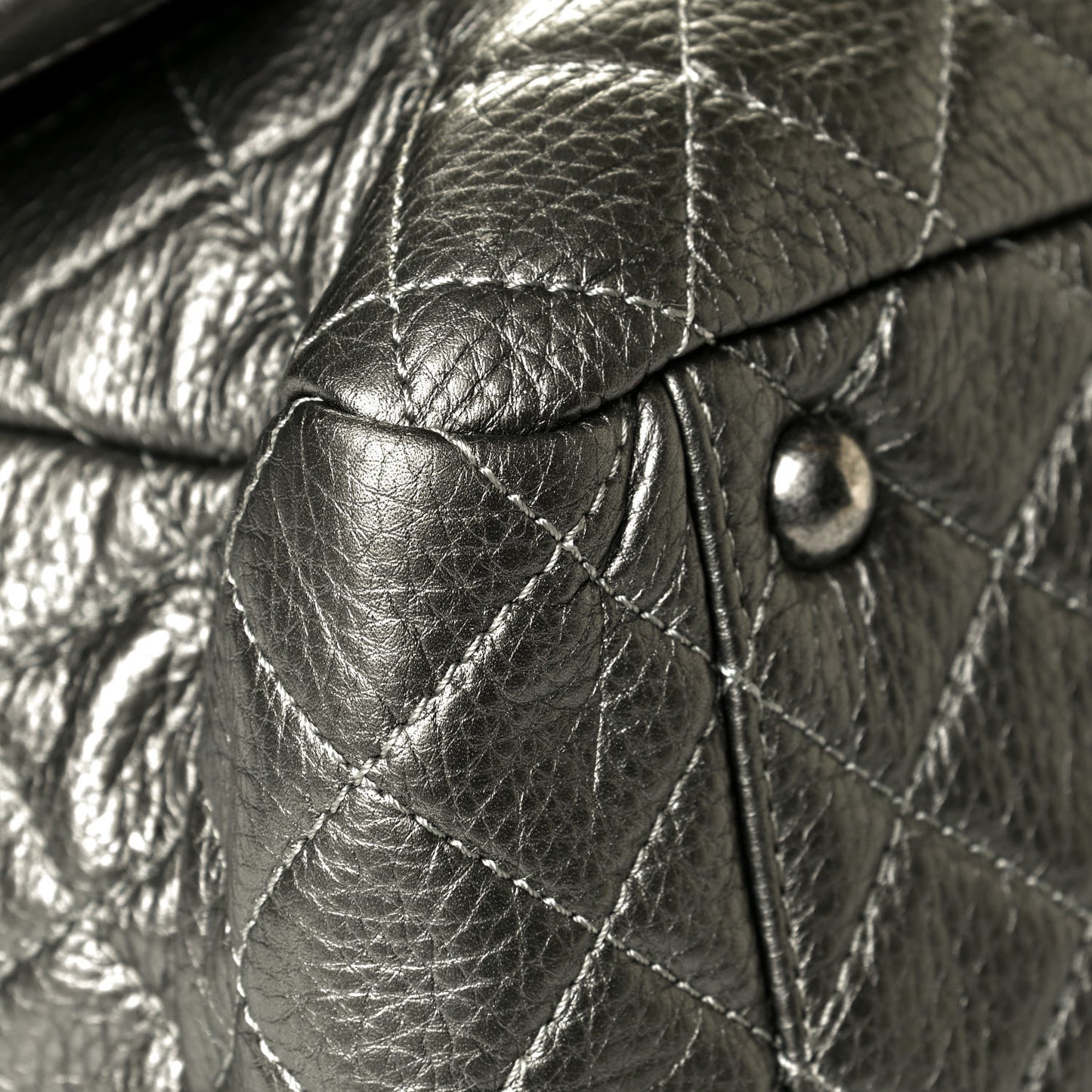 Metallic Calfskin Quilted XXL Travel Flap Bag Dark Silver