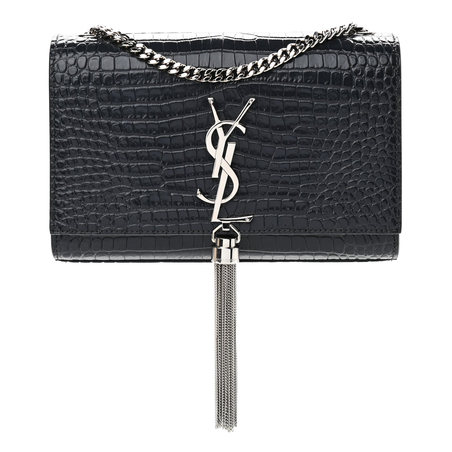 Calfskin Crocodile Embossed Small Classic Monogram Kate Tassel Satchel Smog