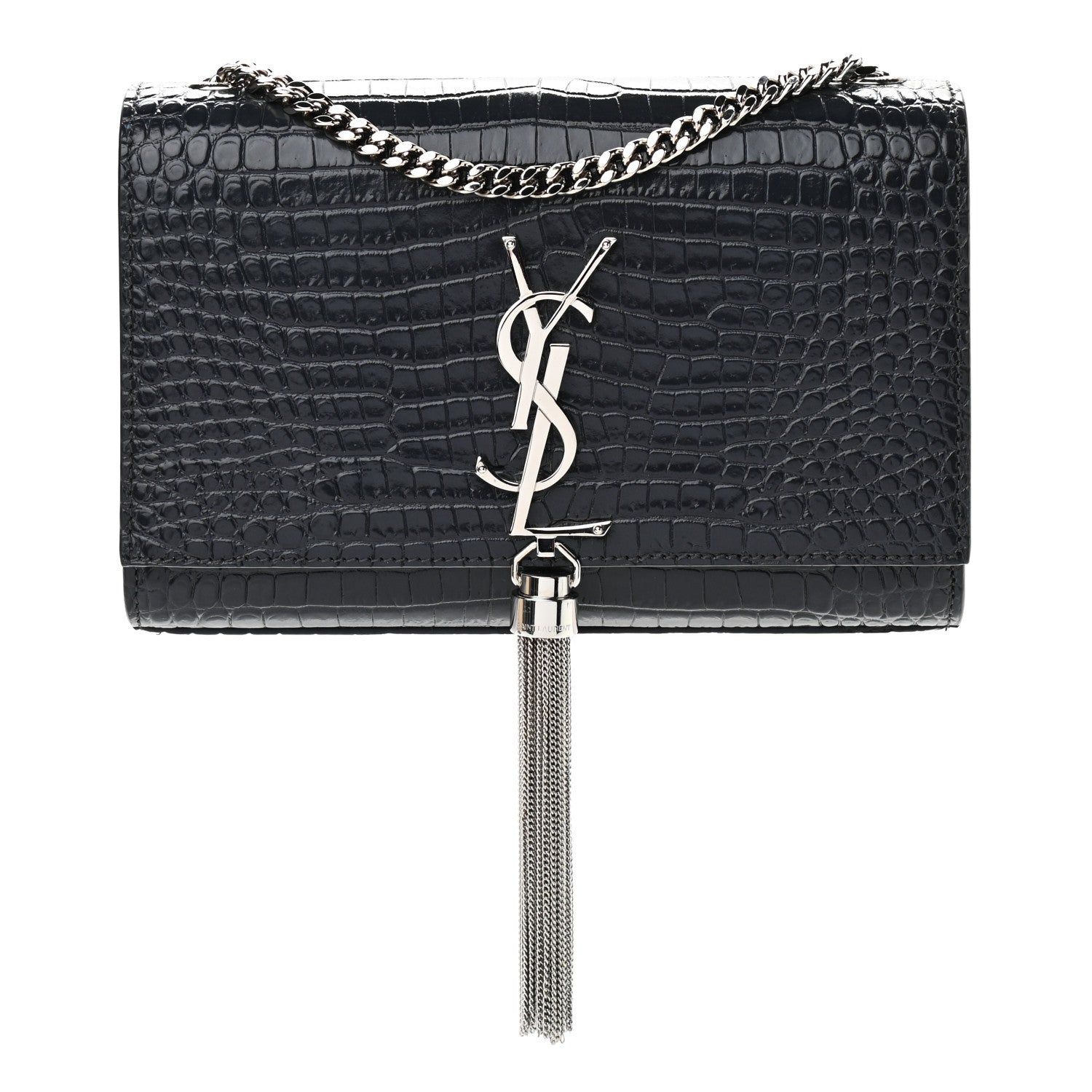 Saint Laurent Calfskin Crocodile Embossed Small Classic Monogram Kate Tassel Satchel Smog 1 of 10