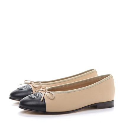 Chanel Lambskin Cap Toe CC Ballerina Flats 35 Beige Black 3 of 13