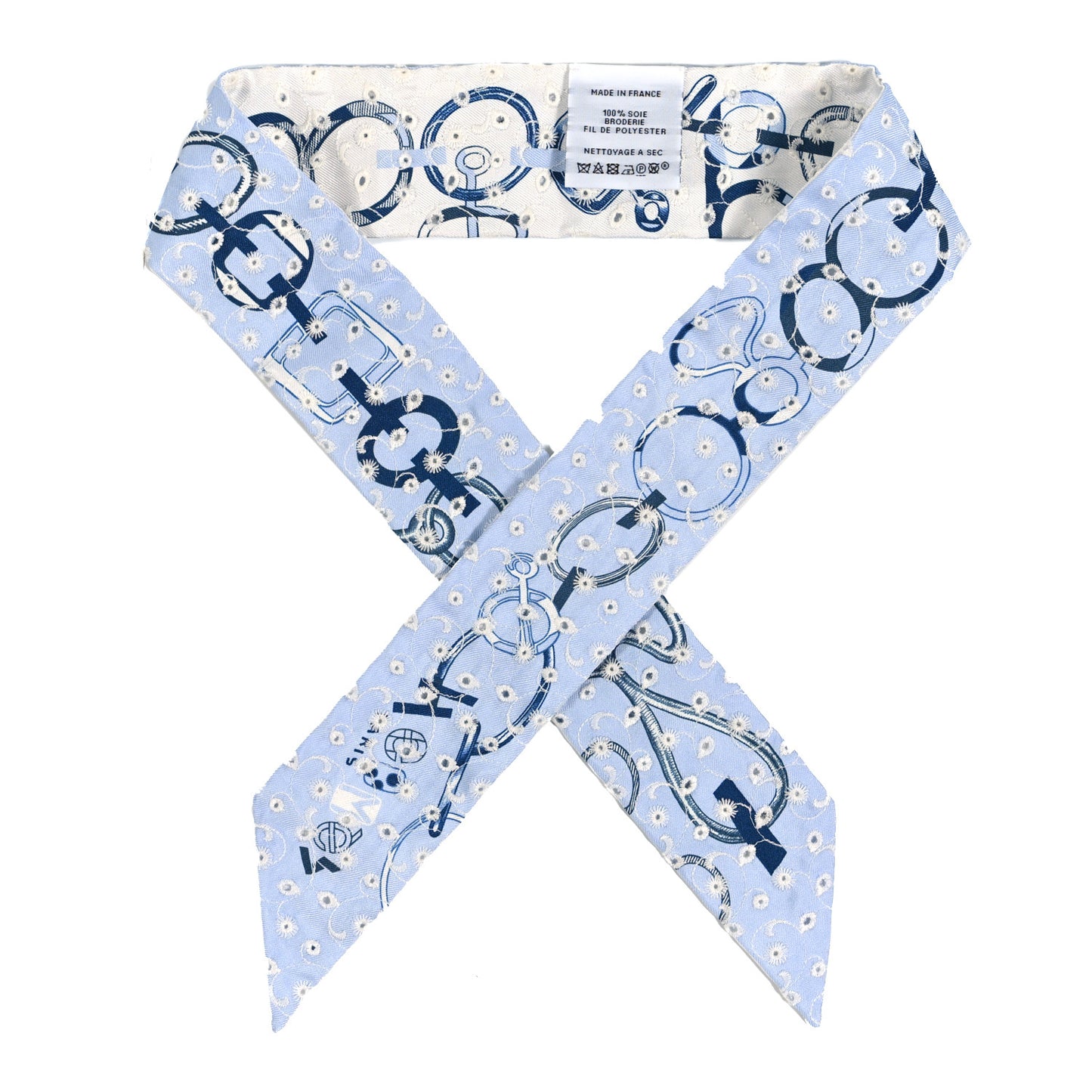 Silk Embroidered Do Re Boucles Broderie Anglaise Twilly Bleu White Marine