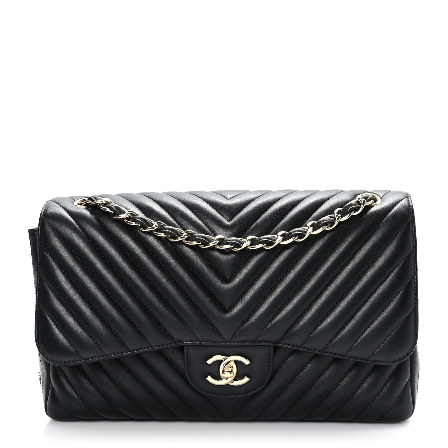 Lambskin Chevron Quilted Jumbo Double Flap Black