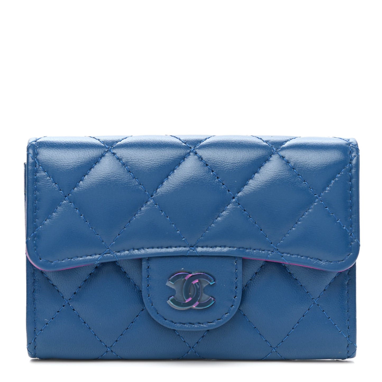 Lambskin Quilted Flap Card Holder Wallet Blue Pink