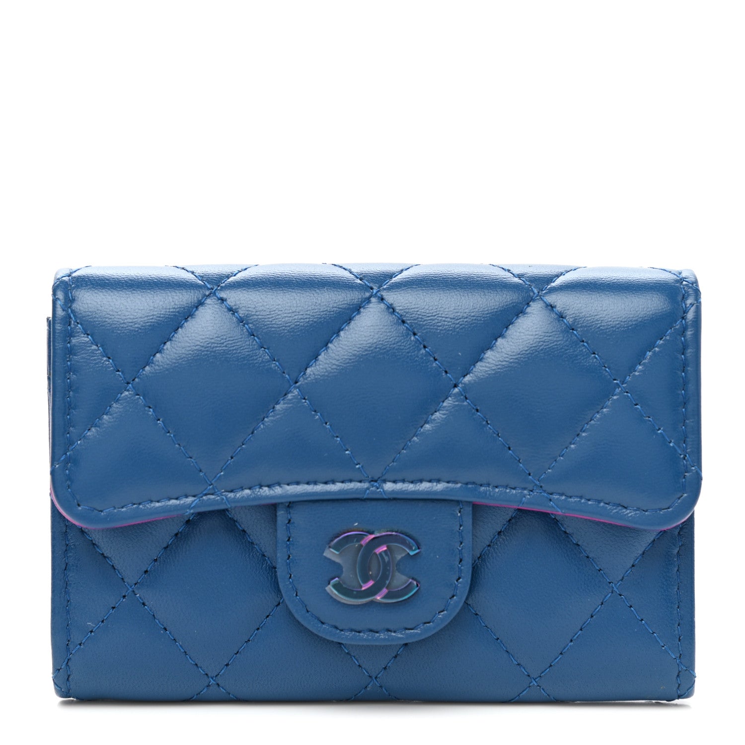Chanel Lambskin Quilted Flap Card Holder Wallet Blue Pink 1 of 9