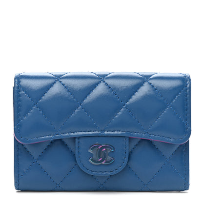 Chanel Lambskin Quilted Flap Card Holder Wallet Blue Pink 1 of 9