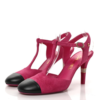 Chanel Suede Lambskin Cap Toe Crystal Slingback Pumps 37 Fuchsia Black 3 of 8