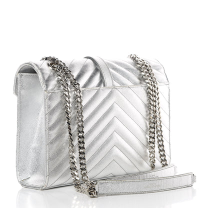 Saint Laurent Metallic Grain De Poudre Matelasse Chevron Medium Monogram Satchel Silver 3 of 17