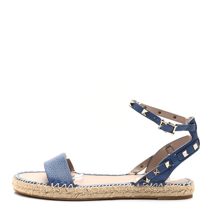 Valentino Garavani Grained Calfskin Rockstud Ankle Strap Espadrille Flat Sandals 40 Baltique 1 of 8
